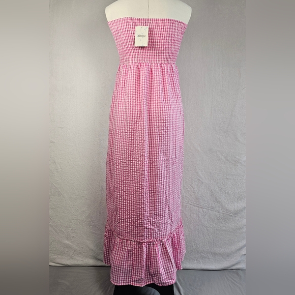 Raviya Women's Maxi Dress Swim Cover Up Size M 100% Cotton Pink White Check - Picture 8 of 15